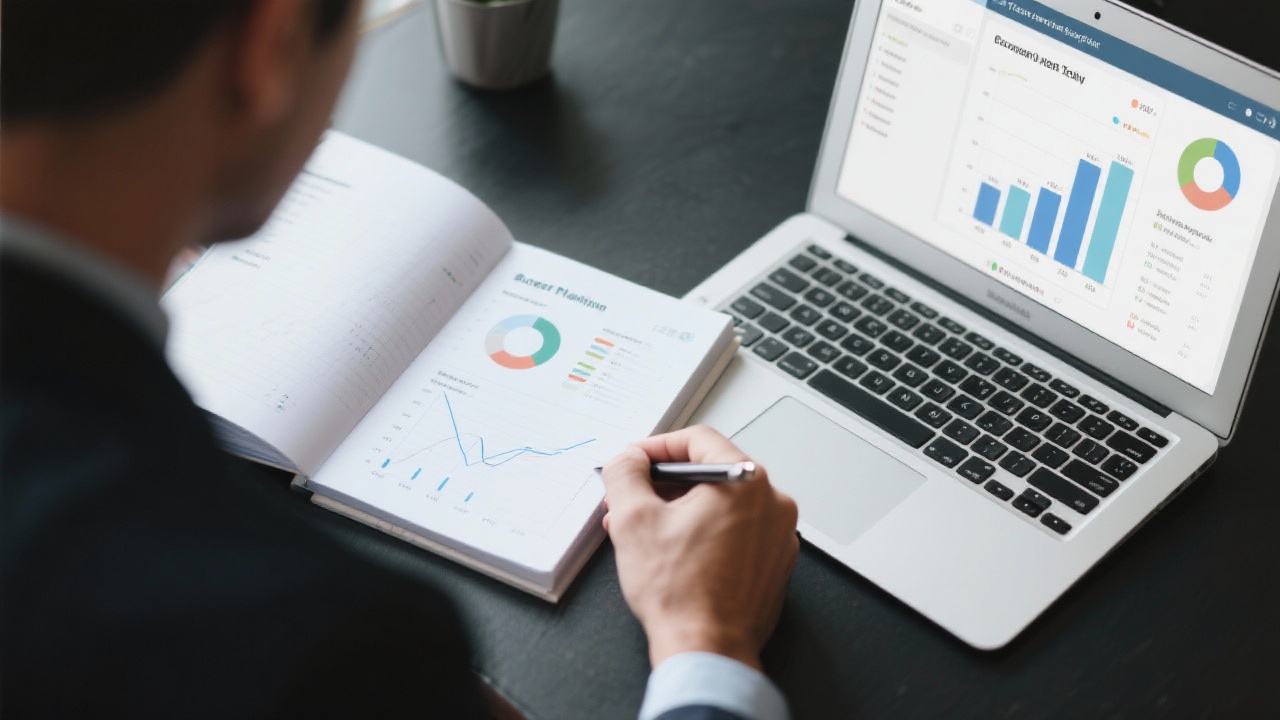 Budget planning workbook open beside a laptop displaying analytics charts, with a finance manager taking notes about performance targets for a growing business.
