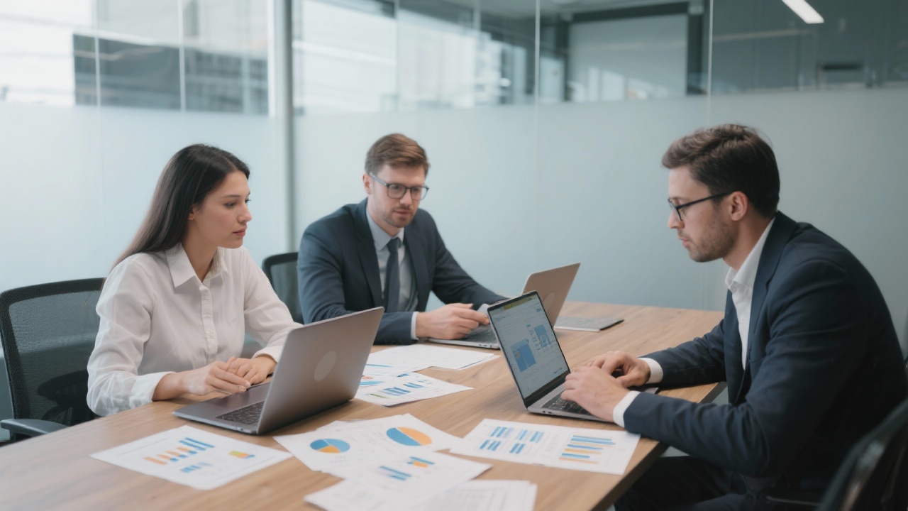 Financial consultants collaborating at a modern office table, reviewing analytics reports and preparing client communication plans using laptops and printed documents.