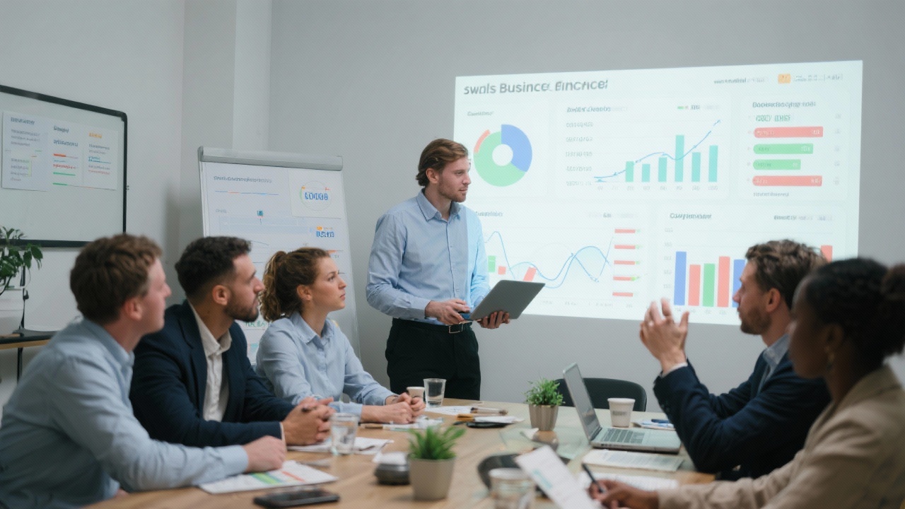 Group of small business finance leaders attending a workshop with dashboards projected on a wall, collaborating on budgeting strategies and data governance frameworks.
