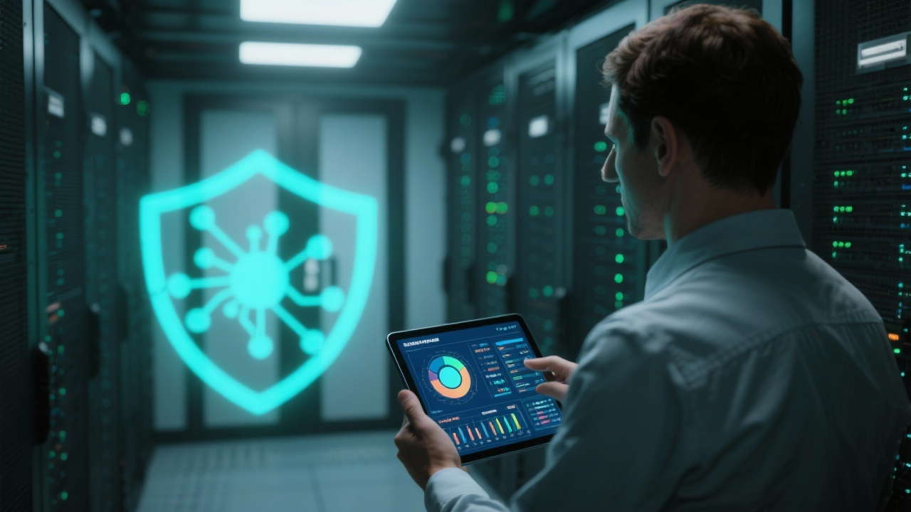 Secure server room with glowing network equipment symbolizing data infrastructure, managed by an engineer monitoring performance dashboards on a tablet device.